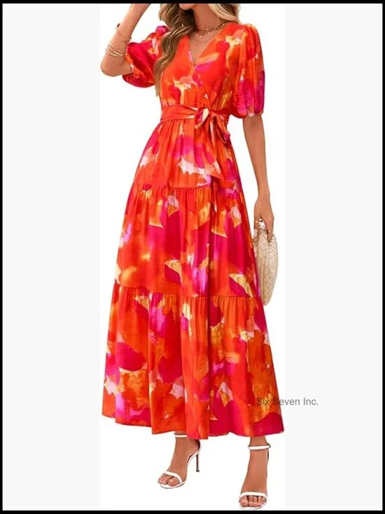 Summer Maxi Dress V-Neck Puff Sleeve Flowy Boho Floral Beach Dress - Picture 1 of 7